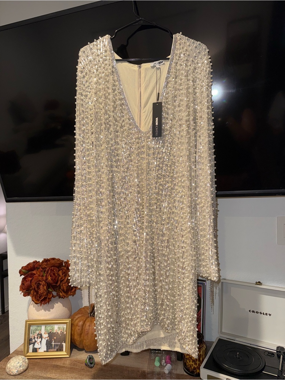 Fashion Nova Ivory Beaded Long Sleeve Shift Dress